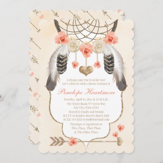 サンゴと金ゴールドの夢捕手、棒(ぼう)穂(ほう)のベビーガールシャワー 招待状 (正面/裏面)