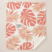 サンゴと金ゴールドの熱帯葉とモノグラム シェルパブランケット (正面)