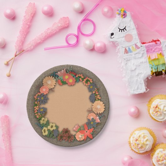 サンゴと金ゴールドの花リース、Burlap、紙プレート ペーパープレート (パーティー)