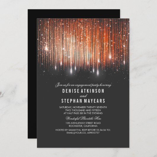 サンゴと金ゴールド婚約パーティのストリングライト 招待状 (正面/裏面)