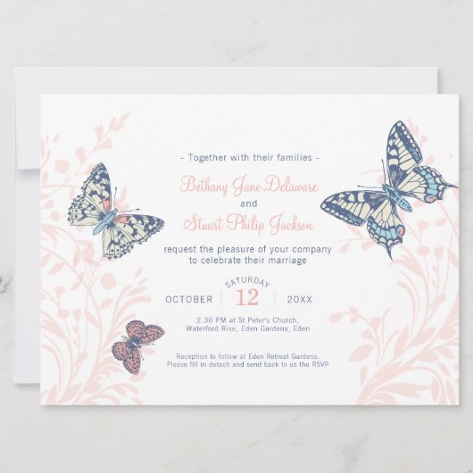 サンゴと青い蝶がアートを結婚染めた 招待状 (正面)