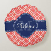 サンゴとWhtモロッコパターン海軍モノグラム ラウンドクッション (裏面)