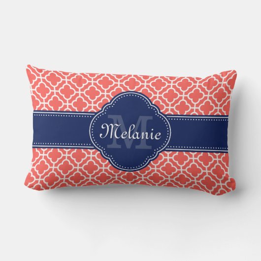 サンゴとWhtモロッコパターン海軍モノグラム ランバークッション (裏面)
