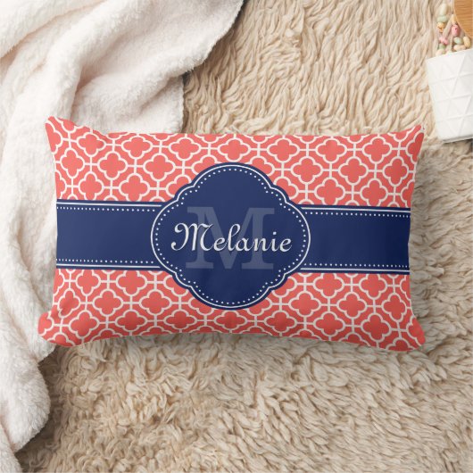 サンゴとWhtモロッコパターン海軍モノグラム ランバークッション (ブランケット)