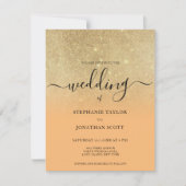 サンゴのようなゴールドのグリッター ブラック スクリプト オンブレ 結婚式 招待状 (正面)