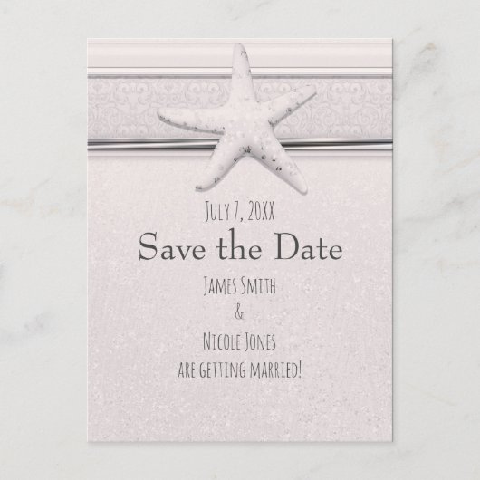 サンゴのクラシック ホワイト ビーチ ウェディング セーブ・ザ・デート 案内ポストカード (正面)