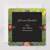 サンゴのバラ,アクアブルーイエローダマスクのモノグラム 招待状 (裏面)