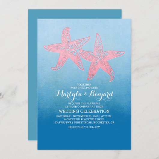 サンゴのヒトデグラデーションオと水の結婚色の青 招待状 (正面/裏面)