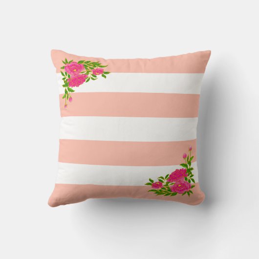 サンゴのピンクと白に牡丹の花ストライプの クッション (裏面)