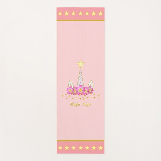 サンゴの上のユニコーン、花、金ゴールド紙吹雪&星 ヨガマット (正面)