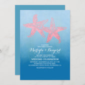 サンゴの星型の魚 & 水彩オンブレ ブルー ウェディング 招待状 (正面/裏面)