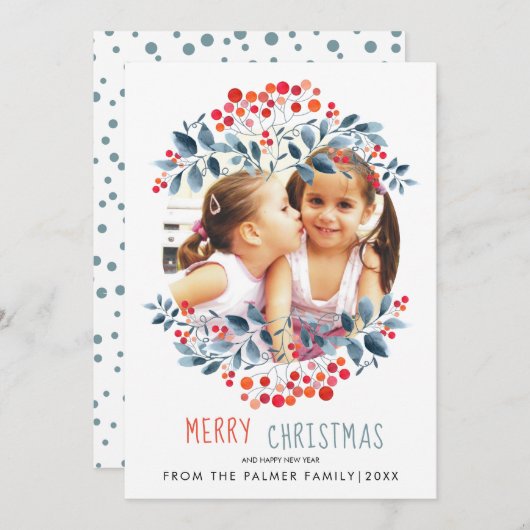 サンゴの果実、ほこりっぽい青葉色のクリスマスフォトH シーズンカード (正面/裏面)