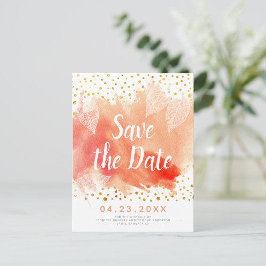 サンゴの水の色と葉結婚式日付を保存 案内ポストカード (スタンド正面)