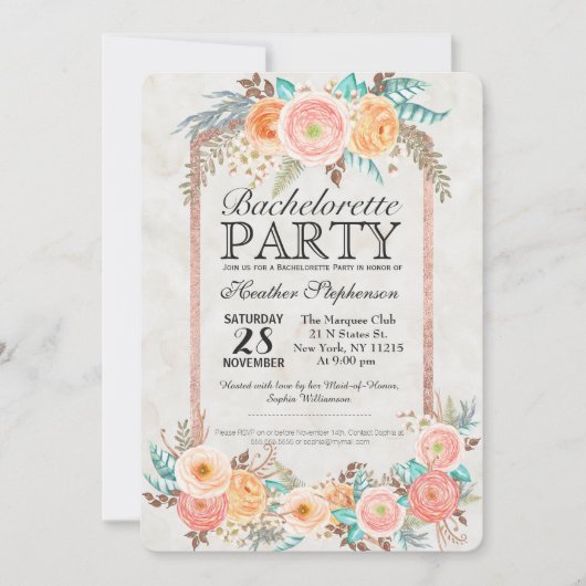 サンゴの水彩花と金ゴールドバチェロレッテ 招待状 (正面)