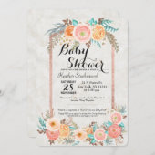 サンゴの水彩花と金ゴールド赤ちゃんシャワー 招待状 (正面/裏面)