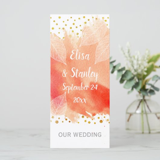 サンゴの水彩、金ゴールド紙吹雪結婚式プログラム プログラム (スタンド正面)