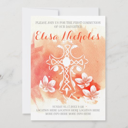 サンゴの水色クロスフローラファーストホーリーコミュニオン 招待状 (正面)