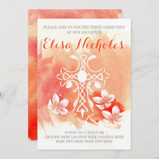 サンゴの水色クロスフローラファーストホーリーコミュニオン 招待状 (正面/裏面)