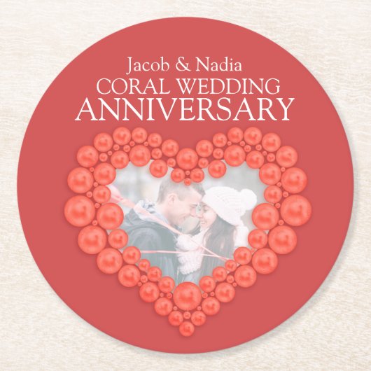 サンゴの結婚記念日ハート写真機 ラウンドペーパーコースター (正面)