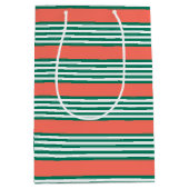 サンゴの緑と白ストライプの5つのパターン ミディアムペーパーバッグ (正面)