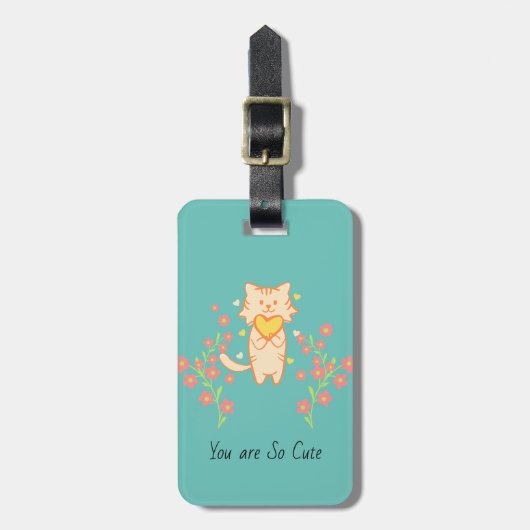 サンゴの花が付いた愛らしい猫の荷札 ラゲッジタグ (正面縦)