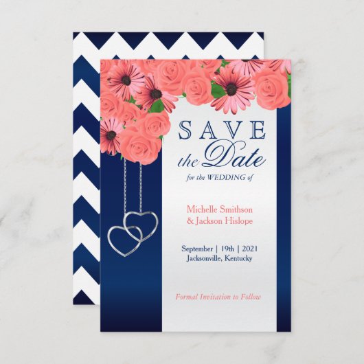 サンゴの花とネイビーブルー – 日付を保存 セーブザデート (正面/裏面)