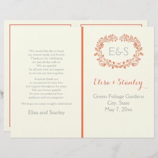 サンゴの葉のリースフレーム結婚式プログラム (正面/裏面)