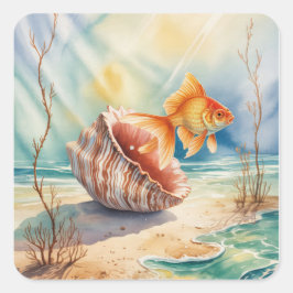 サンゴの貝殻に見える水彩金魚 スクエアシール
