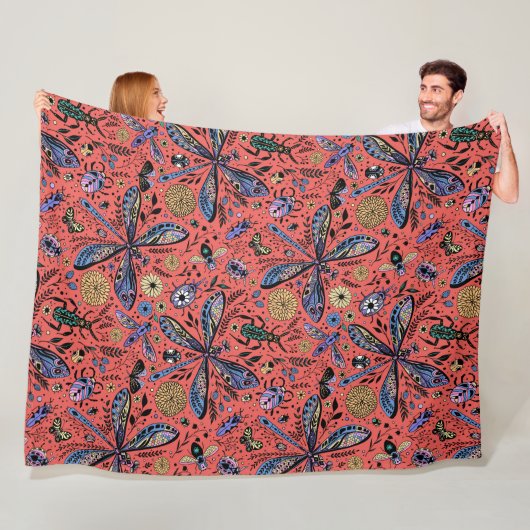 サンゴの赤にドードルバグ フリースブランケット (インサイチュ)