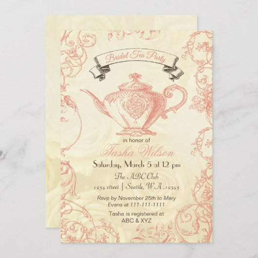 サンゴアイボリーバラヴィンテージブライダルティー招待状 招待状 (正面/裏面)