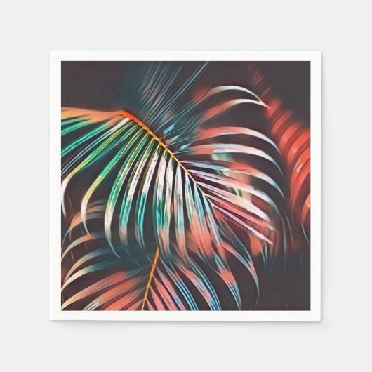 サンゴアートとティール(緑がかった色)パーム葉デコページ スタンダードカクテルナプキン (正面)