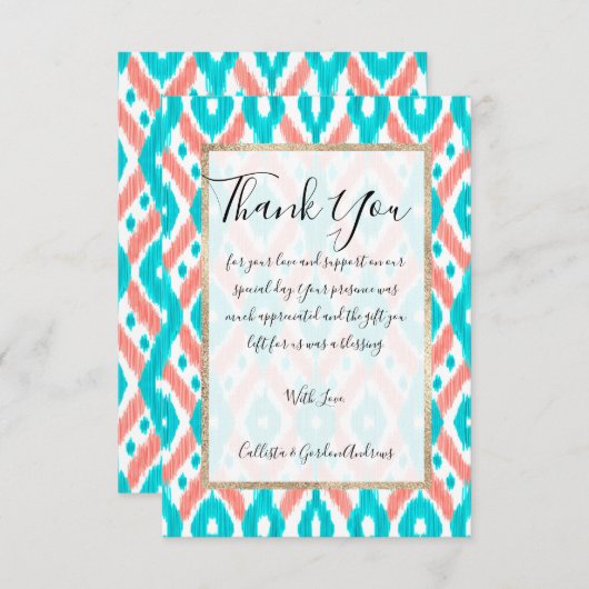 サンゴアートティール(緑がかった色)抽象芸術イカット幾何学模様 サンキューカード (正面/裏面)