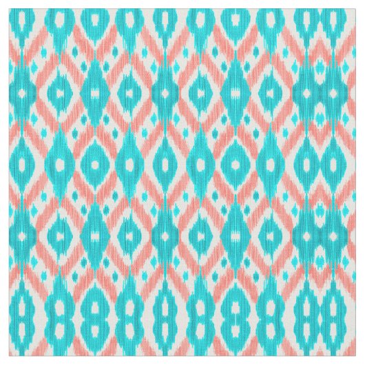 サンゴアートティール（緑がかった色）抽象芸術イカット幾何学模様 ファブリック (クローズアップ)