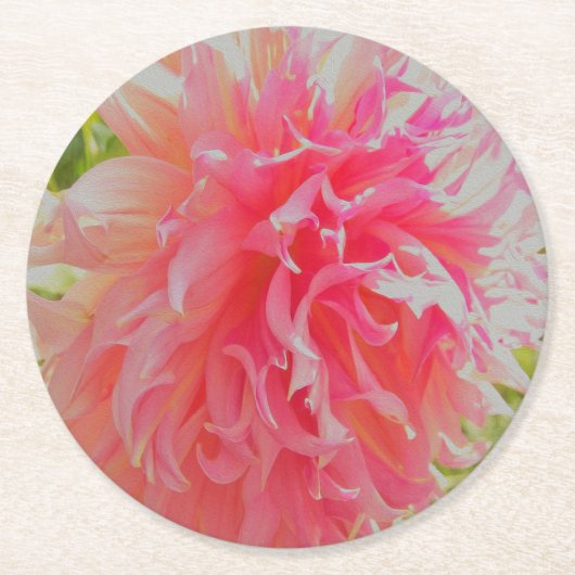 サンゴエレガントとピンクの装飾ダリア ラウンドペーパーコースター (正面)