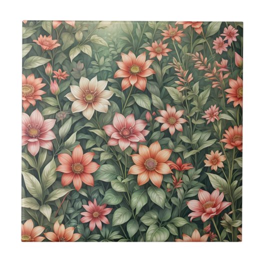 サンゴエレガントと桃の園咲く花 タイル (正面)