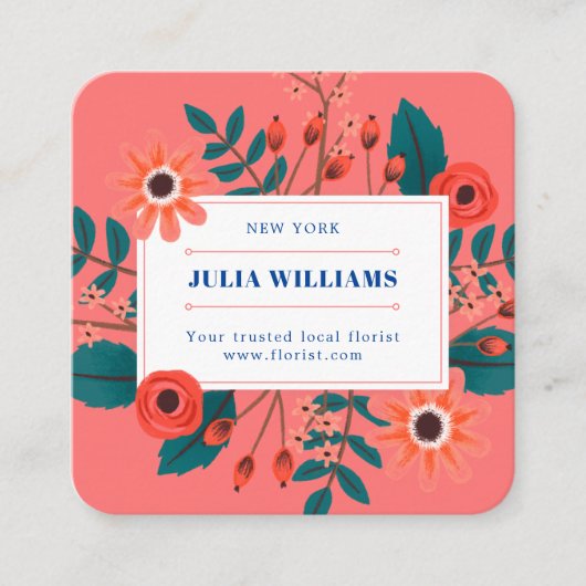 サンゴエレガントネイビー青フローラブーホフラワーブーケ スクエア名刺 (正面)