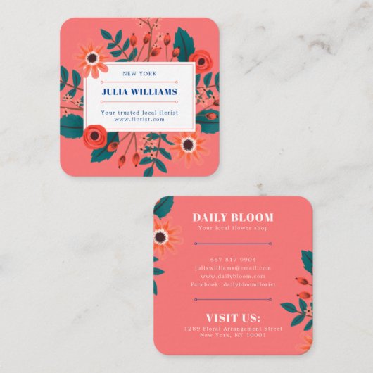 サンゴエレガントネイビー青フローラブーホフラワーブーケ スクエア名刺 (正面/裏面)