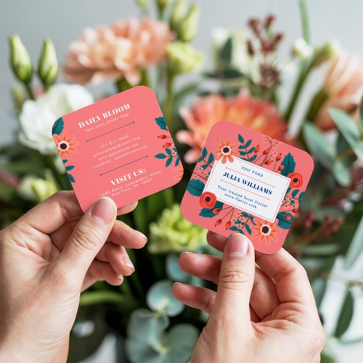 サンゴエレガントネイビー青フローラブーホフラワーブーケ スクエア名刺