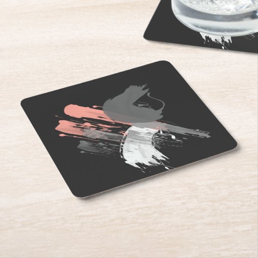 サンゴエレガントピンクの白と灰色のブラシストローク スクエアペーパーコースター (アングル)