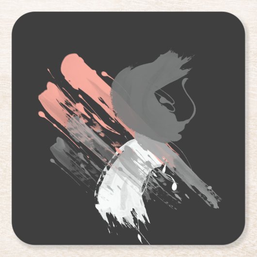 サンゴエレガントピンクの白と灰色のブラシストローク スクエアペーパーコースター (正面)