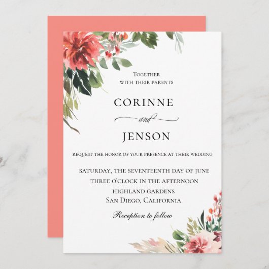 サンゴエレガント植物学結婚の 招待状 (正面/裏面)