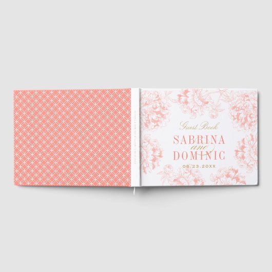 サンゴエレガント金ゴールドフローラ牡丹結婚モノグラム ゲストブック (全面)