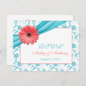 サンゴガーベラデイジーアクアダマスクフローラウェディングRSVP インビテーションポストカード (正面/裏面)