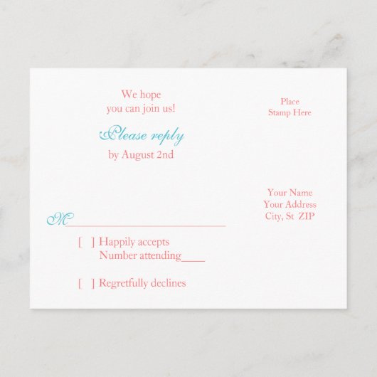 サンゴガーベラデイジーアクアダマスクフローラウェディングRSVP インビテーションポストカード (裏面)