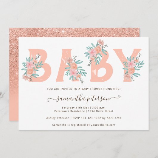 サンゴグリッターフローラ水の色の文字ベビーシャワー 招待状 (正面/裏面)