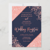 サンゴグリッター紙吹雪ネイビーブルーウェディングレセプション 招待状 (正面)