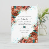 サンゴスペインのとティール(緑がかった色)フローラ結婚ズ 招待状 (スタンド正面)