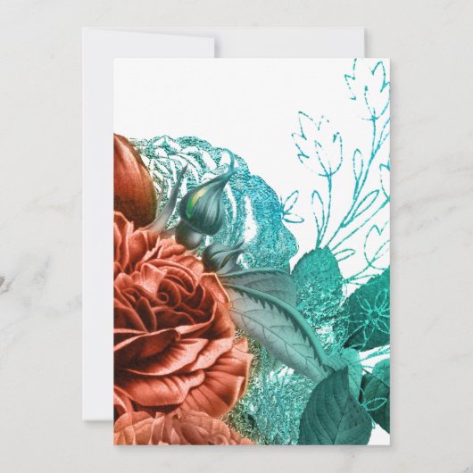 サンゴスペインのとティール（緑がかった色）フローラ結婚ズ 招待状 (裏面)