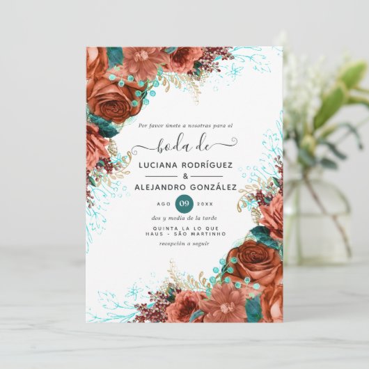 サンゴスペインのとティール（緑がかった色）フローラ結婚式招待状 招待状 (スタンド正面)