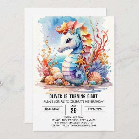 サンゴチャーム航海のシーホース誕生日 招待状 (正面/裏面)